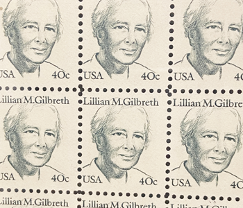 A sheet of postage stamps featuring Lillian Gilbreth